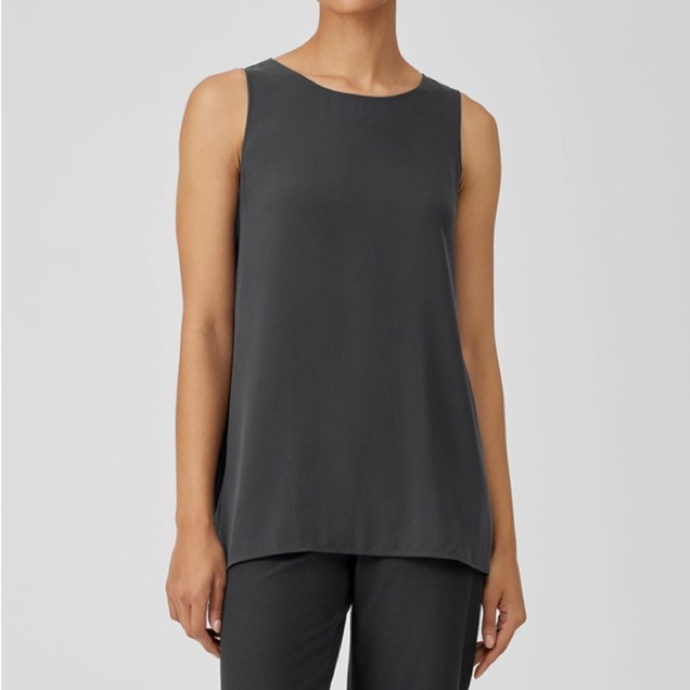 Eileen Fisher Silk Georgette Crepe Ballet Neck Tank Sleeveless Blouse in XS Gray